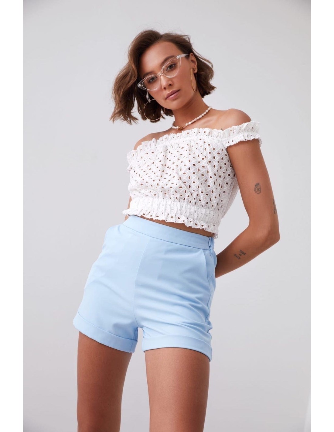 Short openwork blouse with embroidery, cream 20940 - Online store - Boutique